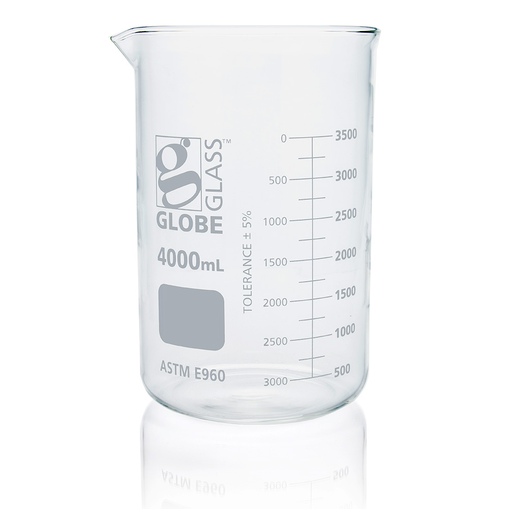 Globe Scientific Beaker, Globe Glass, 4000mL, Low Form Griffin Style, Dual Graduations, ASTM E960, 1/Box Image