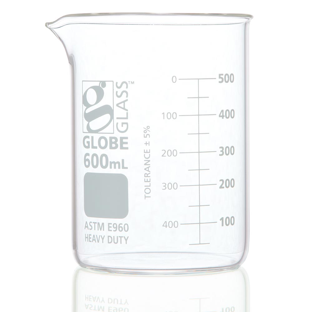 Globe Scientific Beaker, Globe Glass, 600mL, Low Form Griffin Style, Heavy Duty, Dual Graduations, ASTM E960, 6/Box Image