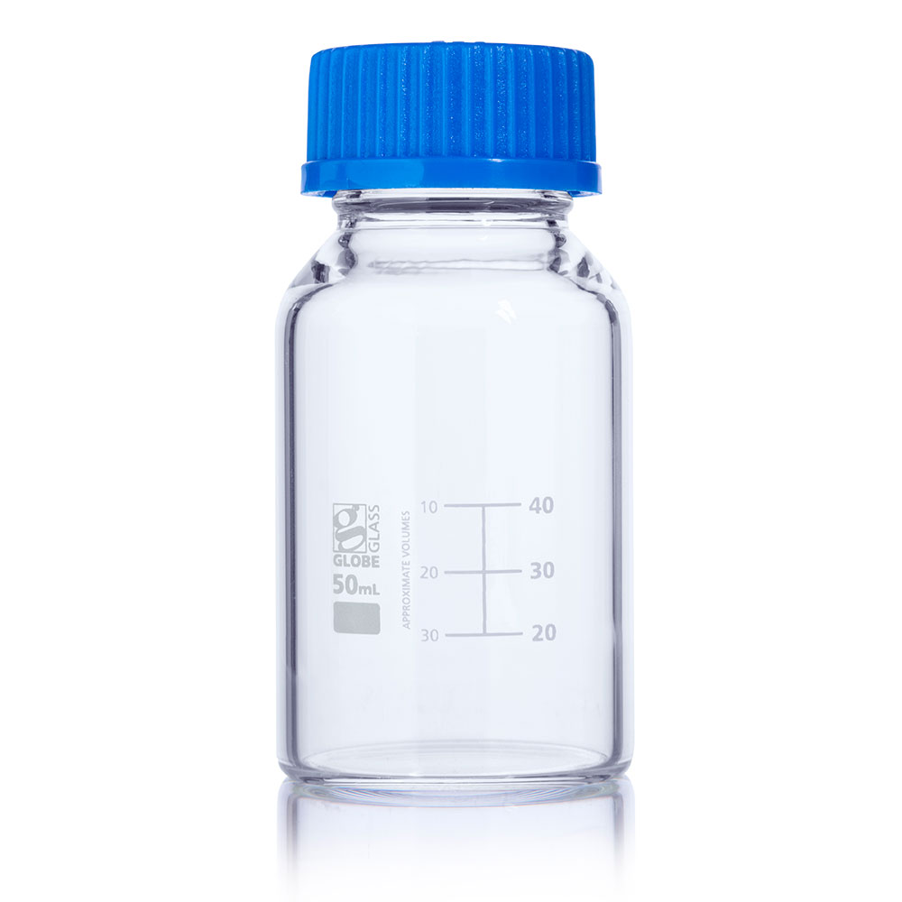 Globe Scientific Bottle, Media, Globe Glass, 50mL, GL32 Screw Cap, Dual Graduations, 10/Box Image