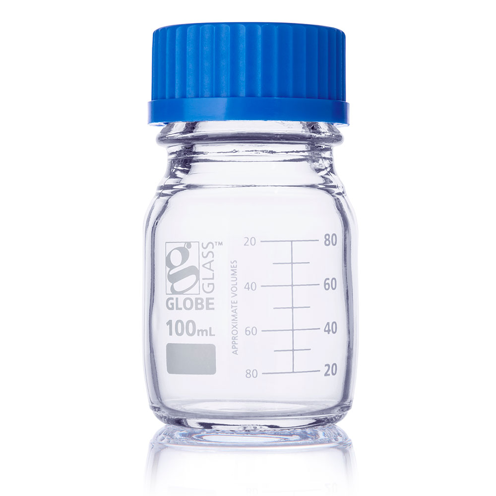 Globe Scientific Bottle, Media, Globe Glass, 100mL, GL45 Screw Cap, Dual Graduations, 10/Box Image