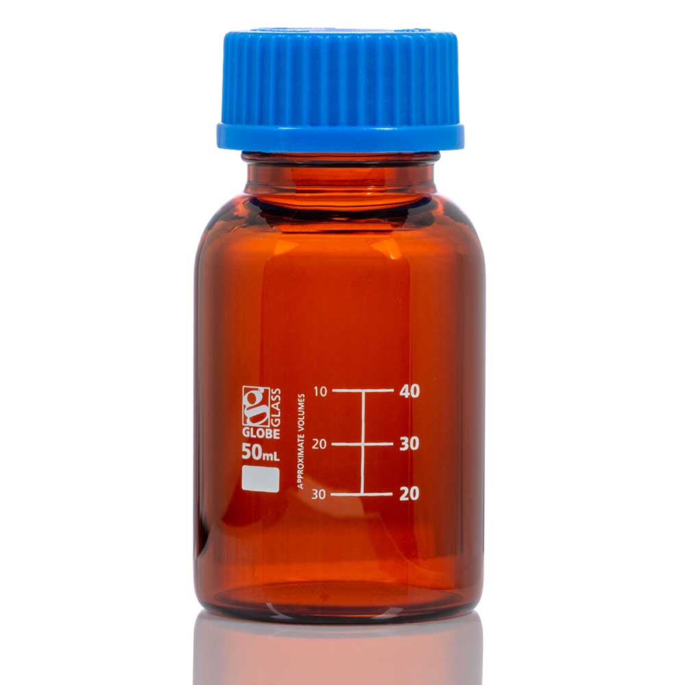 Globe Scientific Bottle, Amber Media, Globe Glass, 50mL, GL32 Screw Cap, Dual Graduations, 10/Box Image