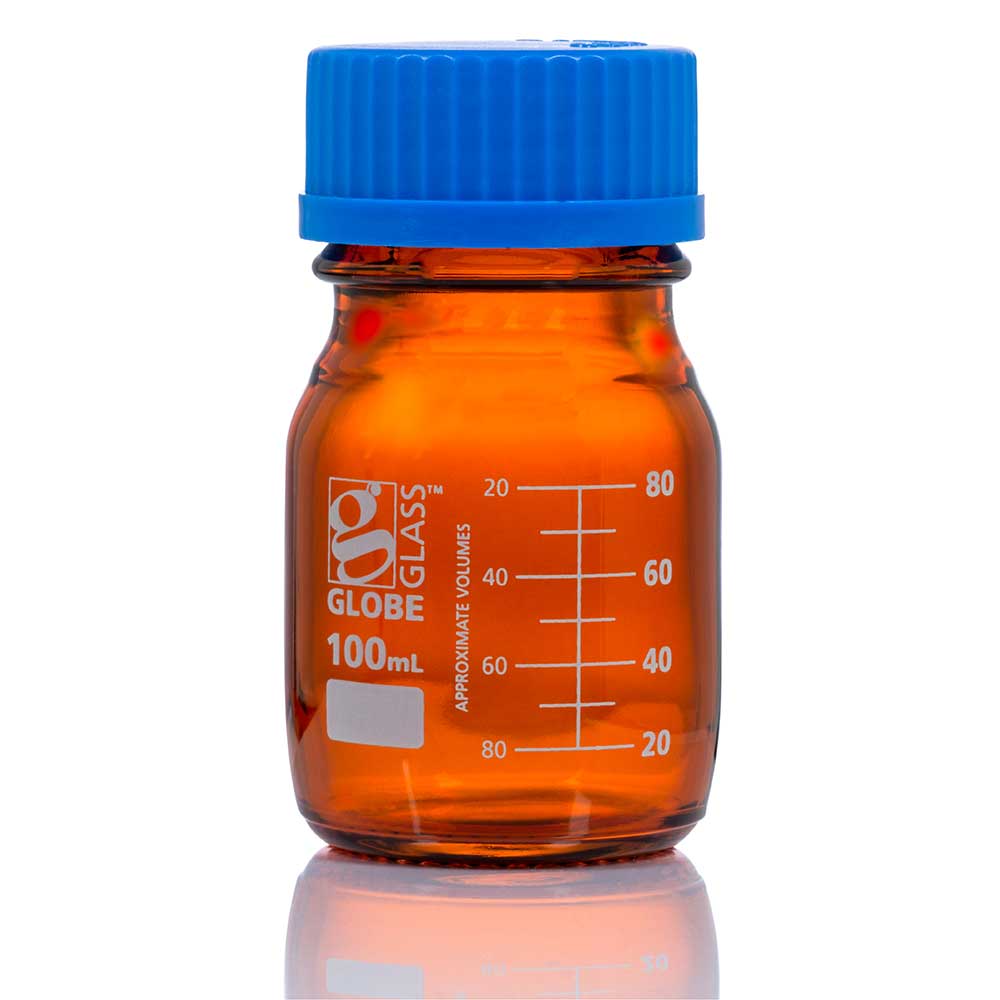 Globe Scientific Bottle, Amber Media, Globe Glass, 100mL, GL45 Screw Cap, Dual Graduations, 10/Box Image