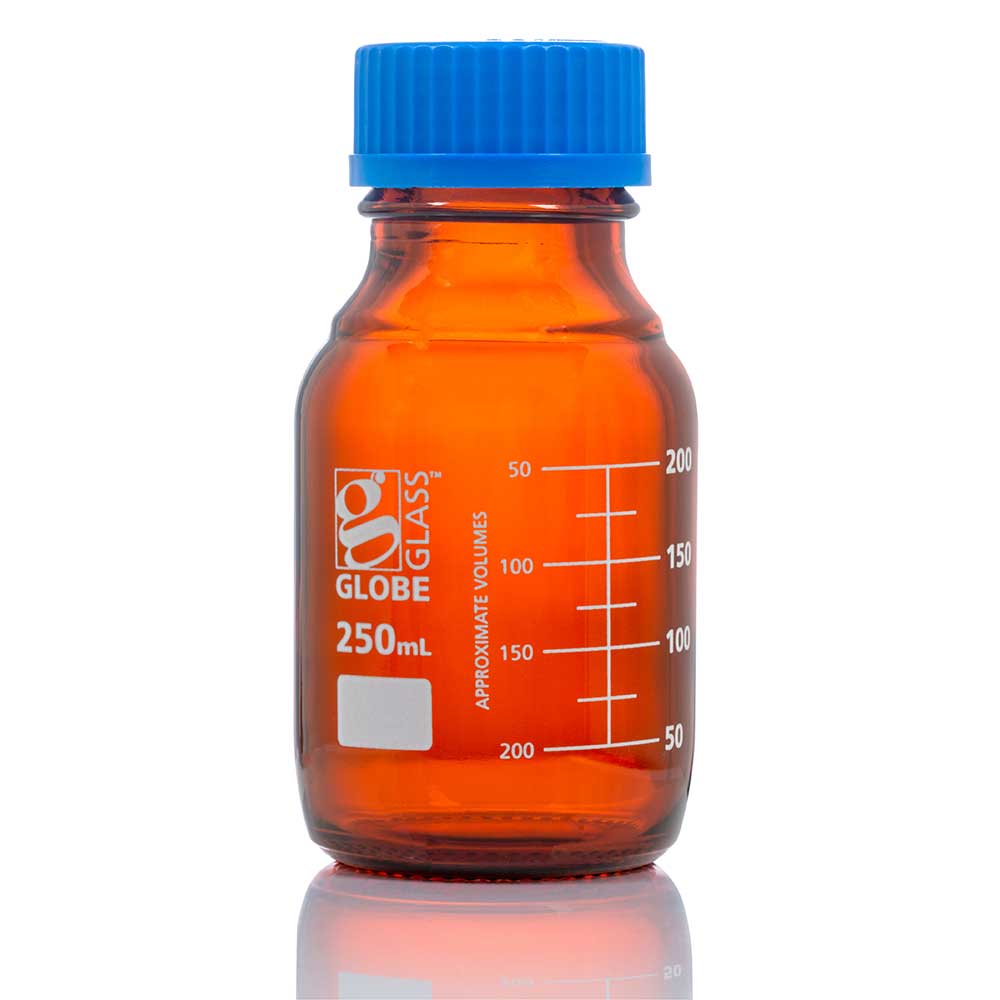 Globe Scientific Bottle, Amber Media, Globe Glass, 250mL, GL45 Screw Cap, Dual Graduations, 10/Box Image