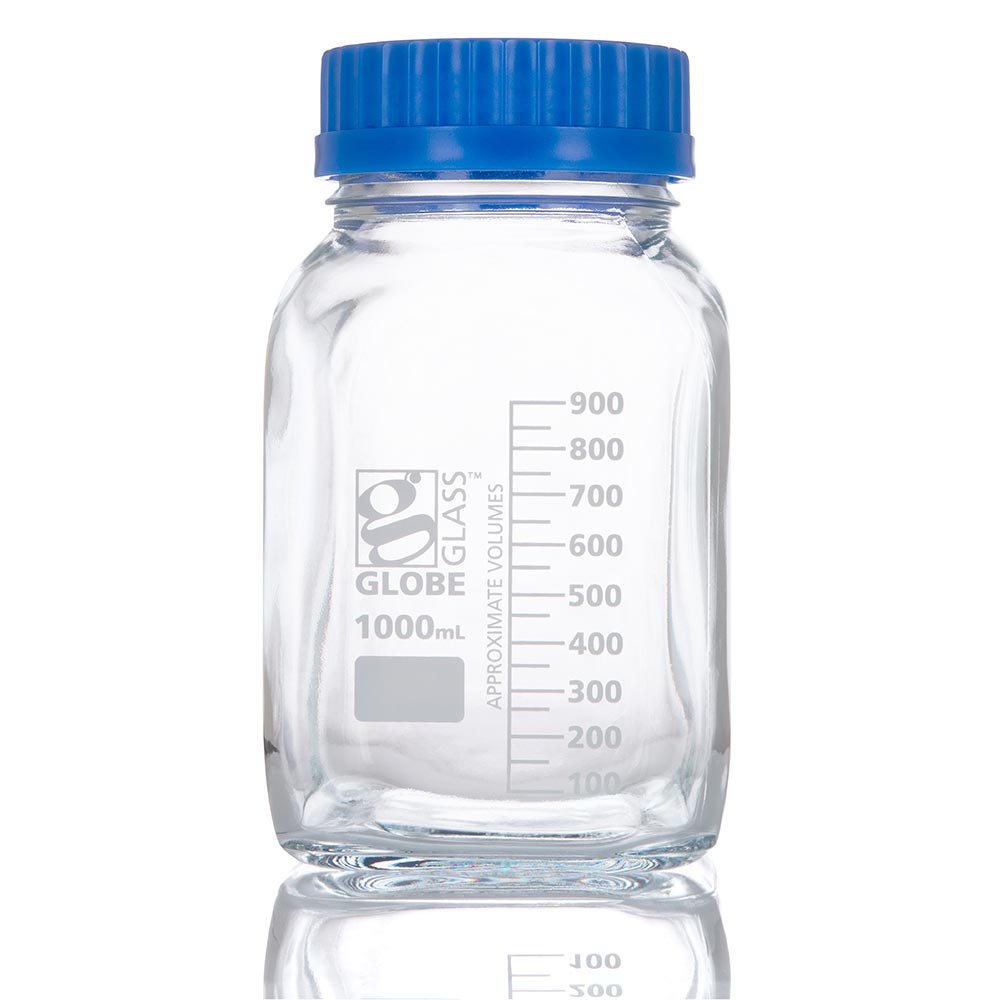 Globe Scientific Bottle, Square Media, Wide Mouth, Globe Glass, 1000mL, GL80 Screw Cap, 10/Box Image