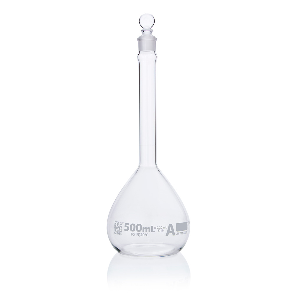 Globe Scientific Flask, Volumetric , Globe Glass, 500mL, Class A, To Contain (TC), ASTM E288, 6/Box Image