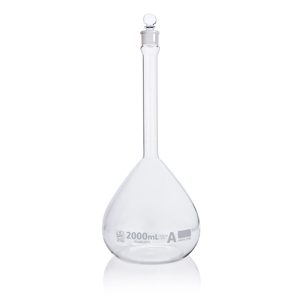 Globe Scientific Flask, Volumetric , Globe Glass, 2000mL, Class A, To Contain (TC), ASTM E288, 1/Box Image