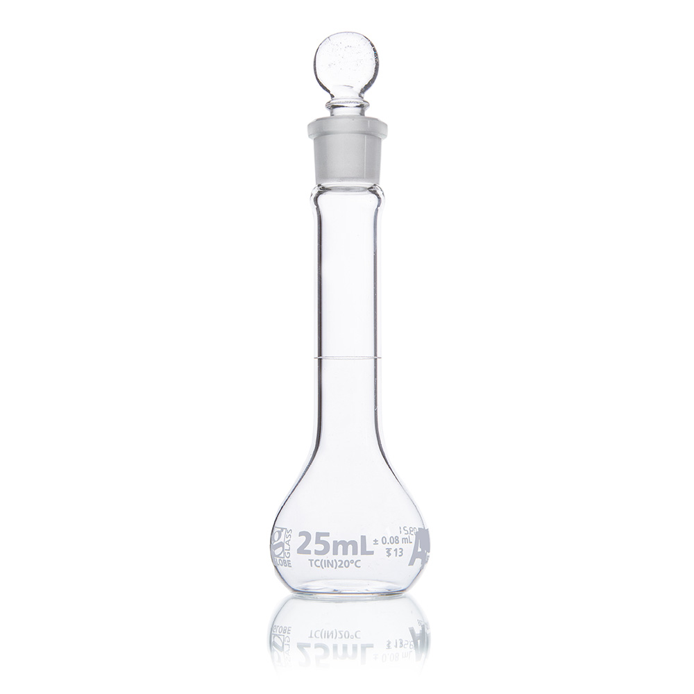 Globe Scientific Flask, Volumetric,  Wide Mouth, Globe Glass, 25mL, Class A, To Contain (TC), ASTM E288, 6/Box Image