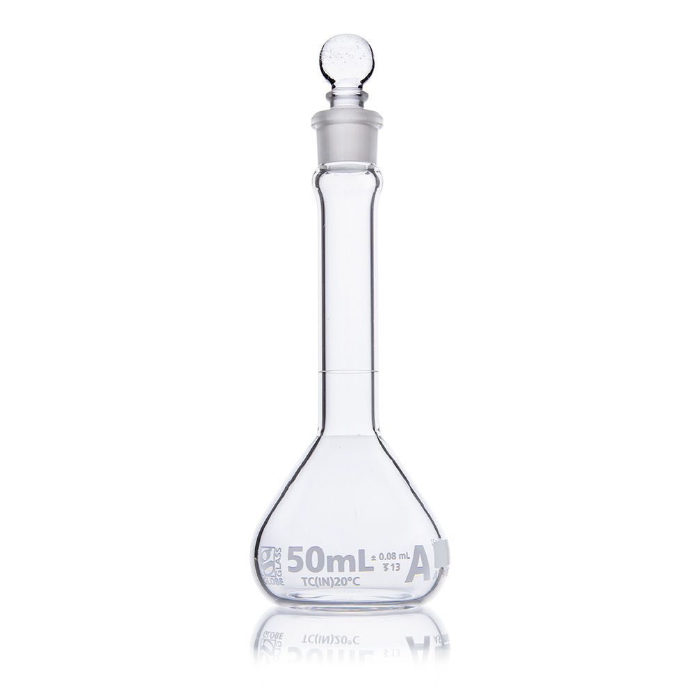 Globe Scientific Flask, Volumetric,  Wide Mouth, Globe Glass, 50mL, Class A, To Contain (TC), ASTM E288, 6/Box Image