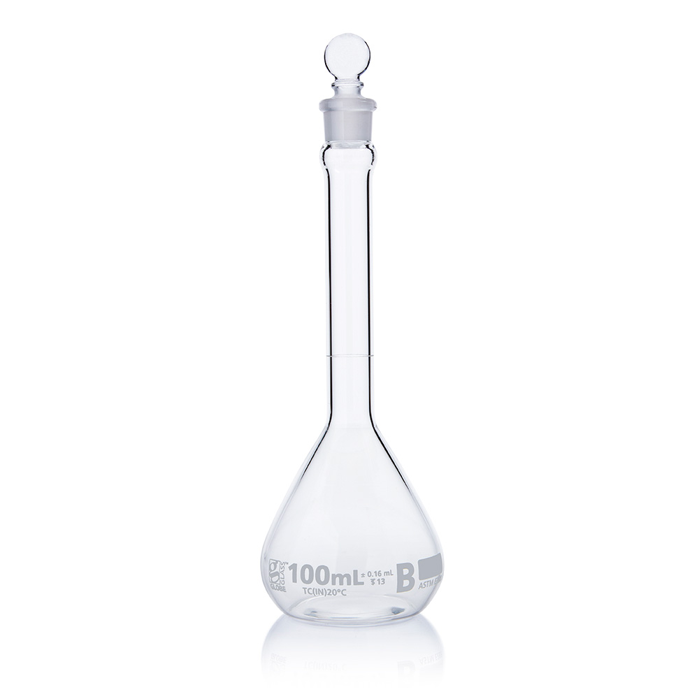 Globe Scientific Flask, Volumetric , Globe Glass, 100mL, Class B, To Contain (TC), ASTME288, 6/Box Image