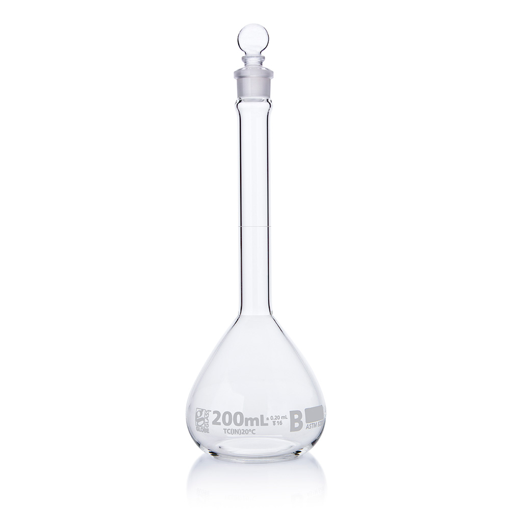 Globe Scientific Flask, Volumetric , Globe Glass, 200mL, Class B, To Contain (TC), ASTME288, 6/Box Image