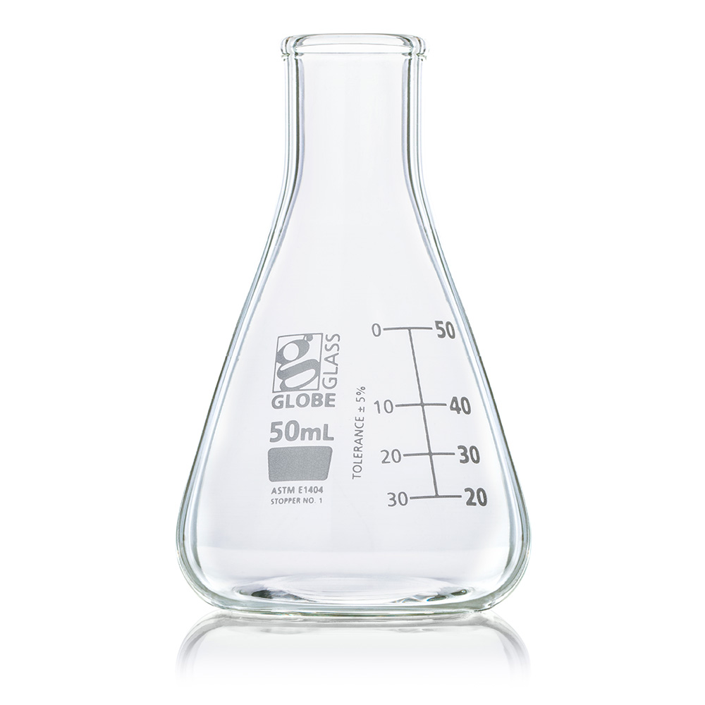 Globe Scientific Flask, Erlenmeyer, Globe Glass, 50mL, Narrow Mouth, Dual Graduations, ASTM E1404, 12/Box Image