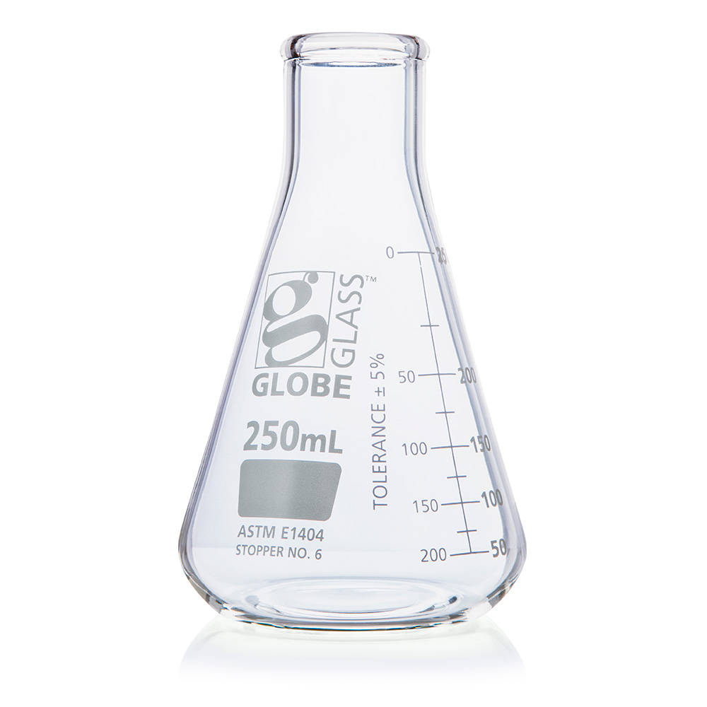 Globe Scientific Flask, Erlenmeyer, Globe Glass, 250mL, Narrow Mouth, Dual Graduations, ASTM E1404, 12/Box Image