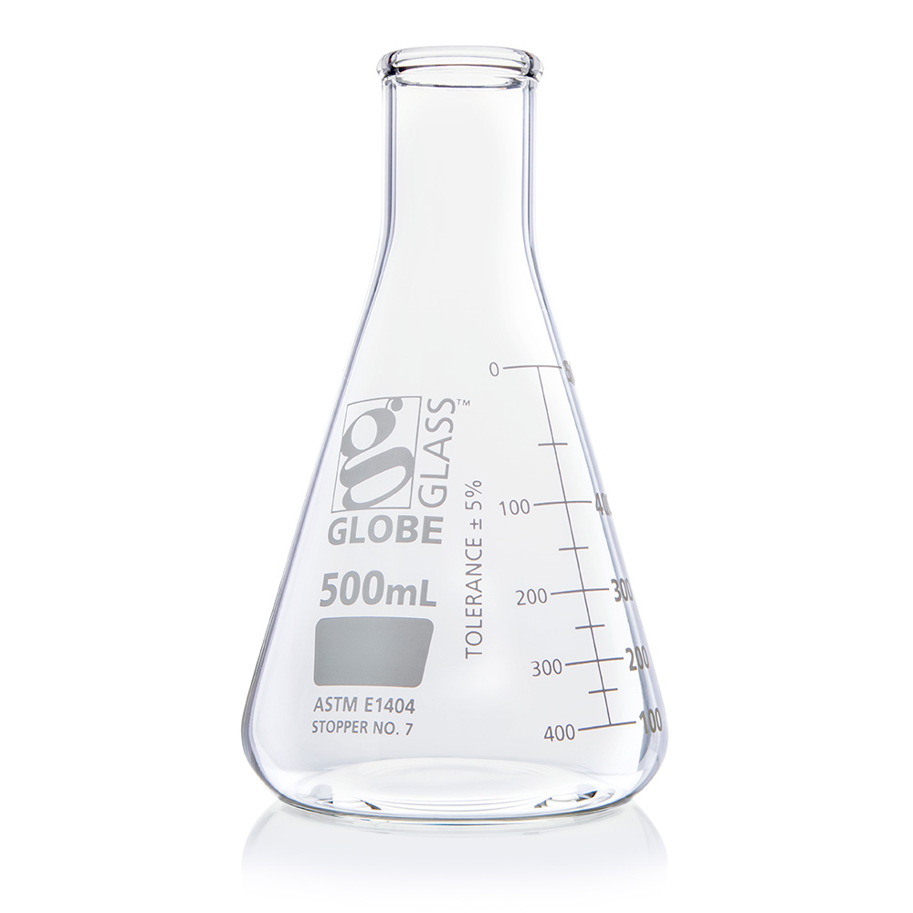 Globe Scientific Flask, Erlenmeyer, Globe Glass, 500mL, Narrow Mouth, Dual Graduations, ASTM E1404, 6/Box Image