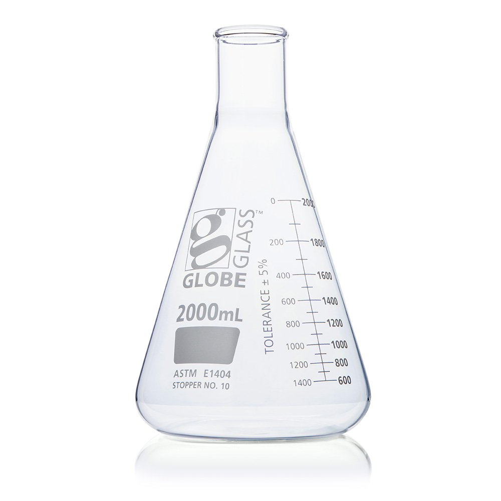 Globe Scientific Flask, Erlenmeyer, Globe Glass, 2000mL, Narrow Mouth, Dual Graduations, ASTM E1404, 4/Box Image