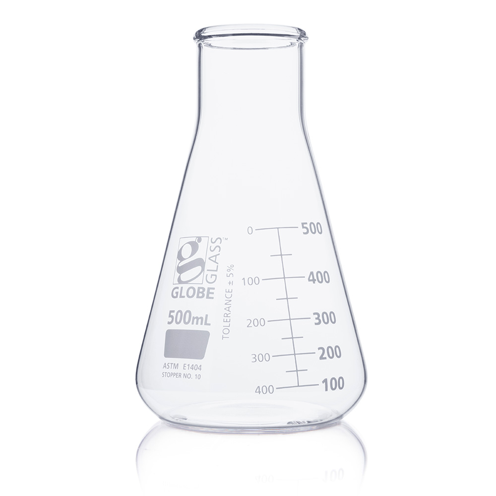 Globe Scientific Flask, Erlenmeyer, Globe Glass, 500mL, Wide Mouth, Dual Graduations, ASTM E1404, 6/Box Image