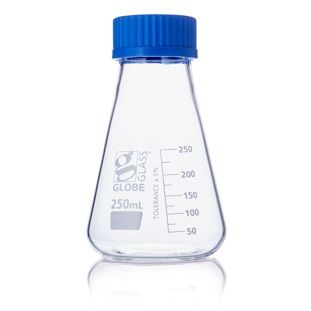 Globe Scientific Flask, Erlenmeyer, Globe Glass, 250mL, Screw Cap, Dual Graduations, ASTM E1404, 6/Box Image