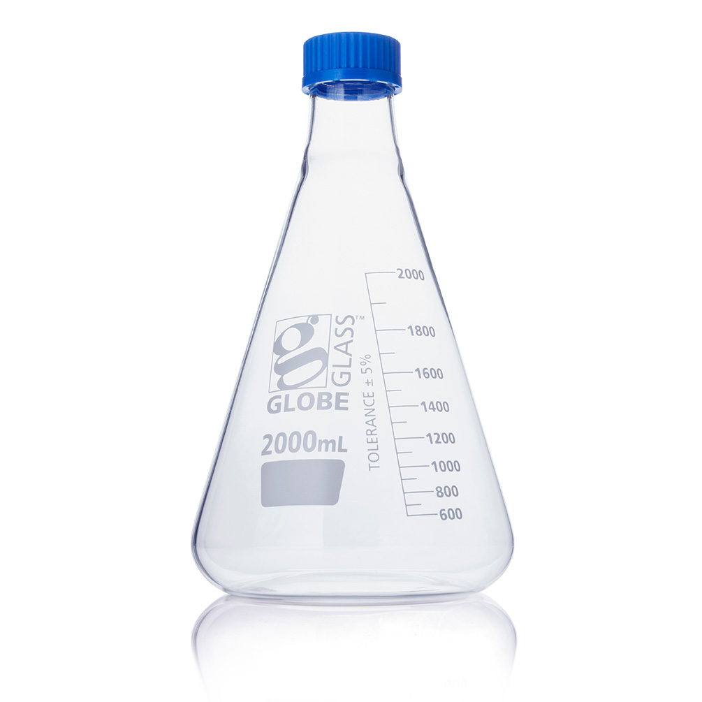 Globe Scientific Flask, Erlenmeyer, Globe Glass, 2000mL, Screw Cap, Dual Graduations, ASTM E1404, 1/Box Image