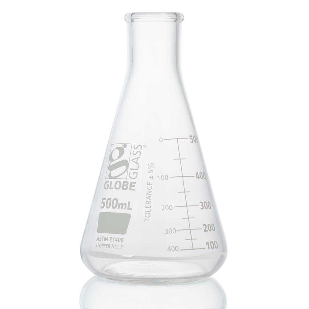 Globe Scientific Flask, Erlenmeyer, Globe Glass, 500mL, Heavy Duty, Narrow Mouth, Dual Graduations, ASTM E1406, 1/Box Image