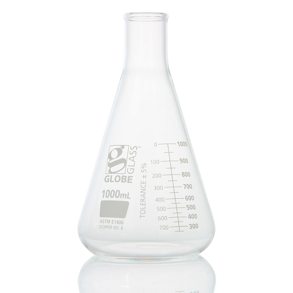 Globe Scientific Flask, Erlenmeyer, Globe Glass, 1000mL, Heavy Duty, Narrow Mouth, Dual Graduations, ASTM E1406, 1/Box Image