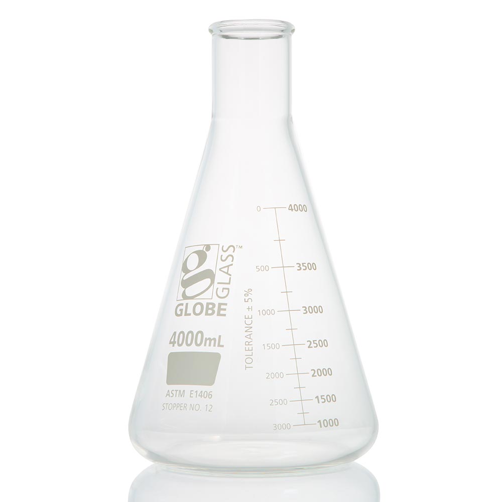 Globe Scientific Flask, Erlenmeyer, Globe Glass, 4000mL, Heavy Duty, Narrow Mouth, Dual Graduations, ASTM E1406, 1/Box Image