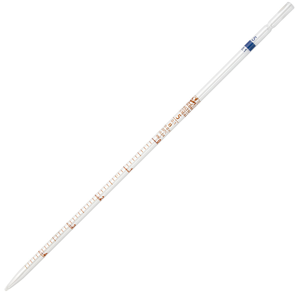 Globe Scientific Pipette, Serological, Globe Glass, Reusable, 5mL, To Deliver (TD), 0.1 Graduations, Blue Band, ASTM E1044, 6/Box Image