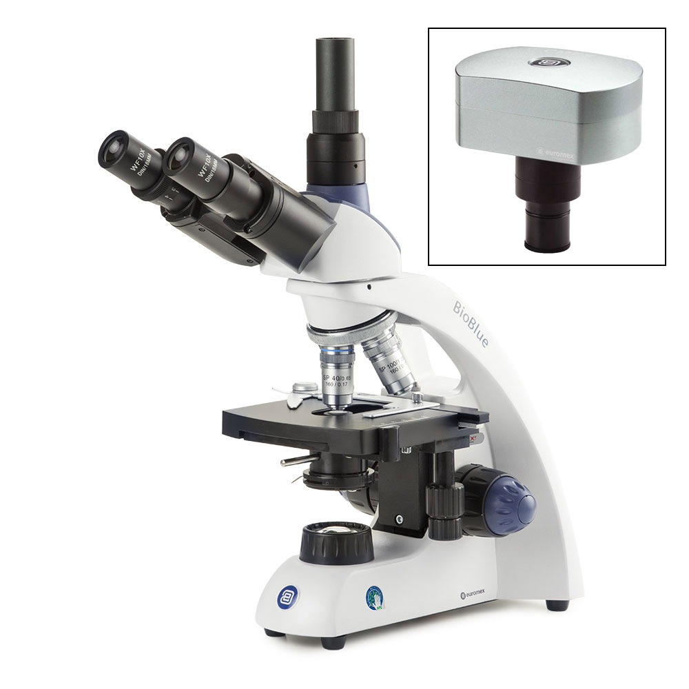 Globe Scientific BioBlue trinocular microscope SMP 4/10/S40/S100x oil objectives with mechanical stage and 1W NeoLED? cordless illumination, with CMEX-18 Pro, 18.0MP digital USB-3 camera with 1/2.3 inch CMOS sensor Image