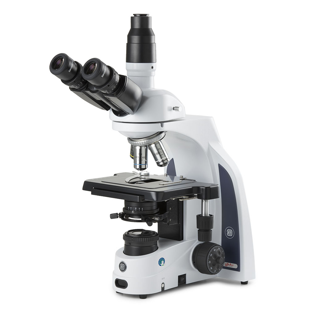 Globe Scientific iScope trinocular microscope with EWF 10x/22mm eyepieces, PLI plan 4/10/S40/S100x oil IOS objectives, rackless stage and 3W NeoLED? K?hler illumination Image