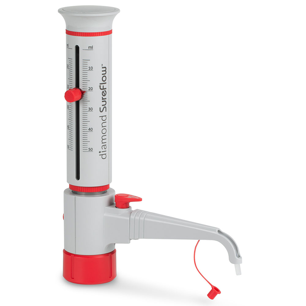 Globe Scientific Bottle Top Dispenser, Diamond SureFlow, with Recirculation, 5.0mL to 50.0mL, 1.0mL increments Image