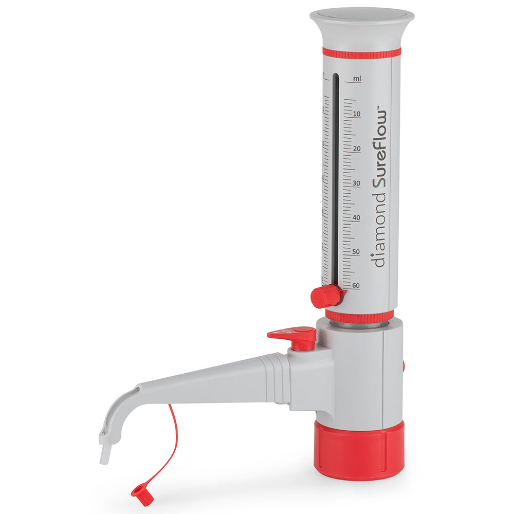 Globe Scientific Bottle Top Dispenser, Diamond SureFlow, with Recirculation, 5.0mL to 60.0mL, 1.0mL increments Image