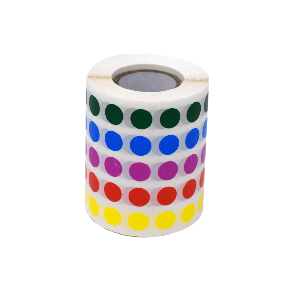 Globe Scientific Label Rolls, Cryo, 9.5mm Dots, for 0.5-1.5mL Tubes, Assorted Colors (1000 dots in blue, green, violet, red and yellow) Image