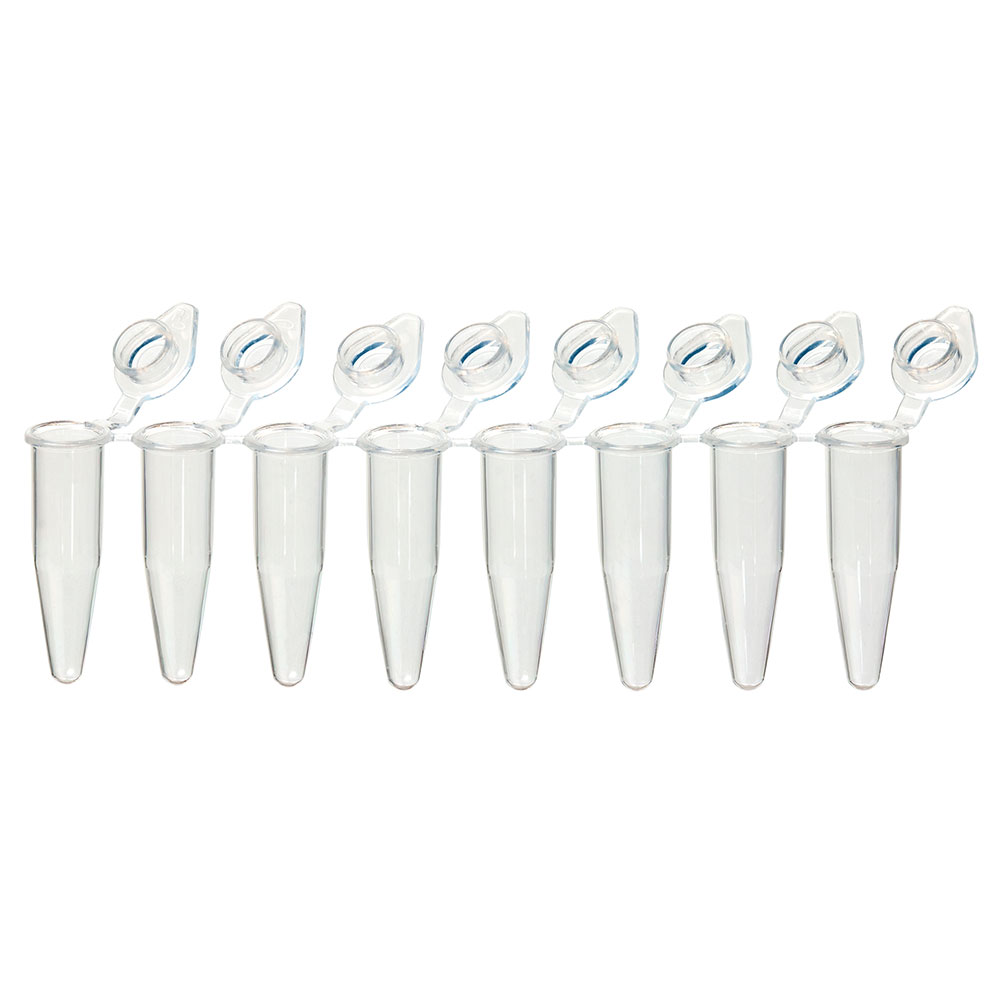 Globe Scientific QuickSnap 0.2mL 8-Strip Tubes, with Individually-Attached Flat Caps, Clear Image