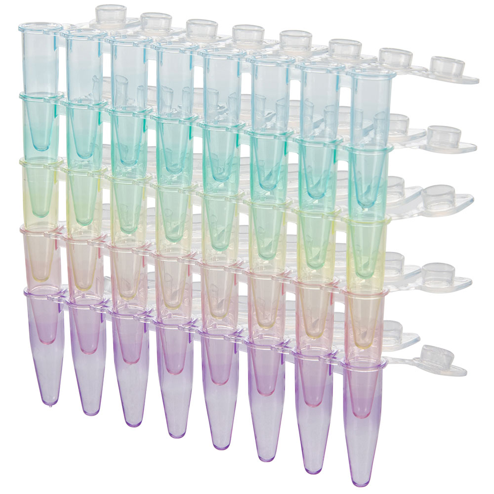 Globe Scientific DiamondLink 0.2mL 8-Strip Tubes, with Individually-Attached Flat Caps, Assorted Colors (Blue, Red, Green, Yellow and Violet) Image