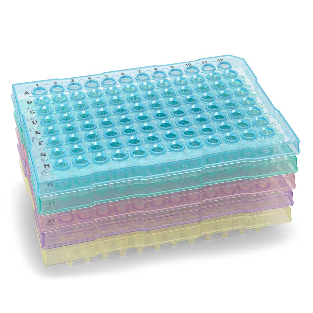 Globe Scientific 0.2mL 96-Well PCR Plate, Half Skirt (ABI-style), Flat top, Assorted Colors (Blue, Red, Green, Yellow and Violet) Image