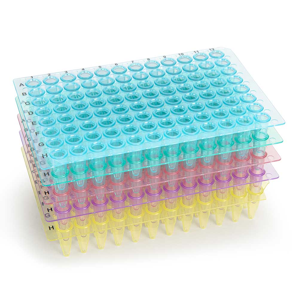 Globe Scientific 0.2mL 96-Well PCR Plate, No Skirt, Flat Top, Assorted Colors (Blue, Red, Green, Yellow and Violet) Image