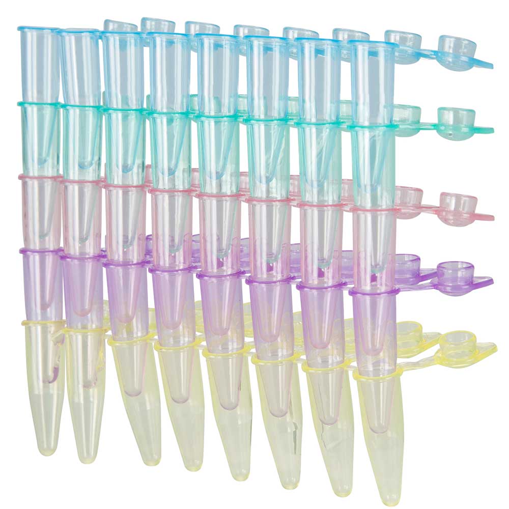 Globe Scientific QuickSnap 0.2mL 8-Strip Tubes, with Individually-Attached Dome Caps, Assorted Colors (Blue, Red, Green, Yellow and Violet) Image