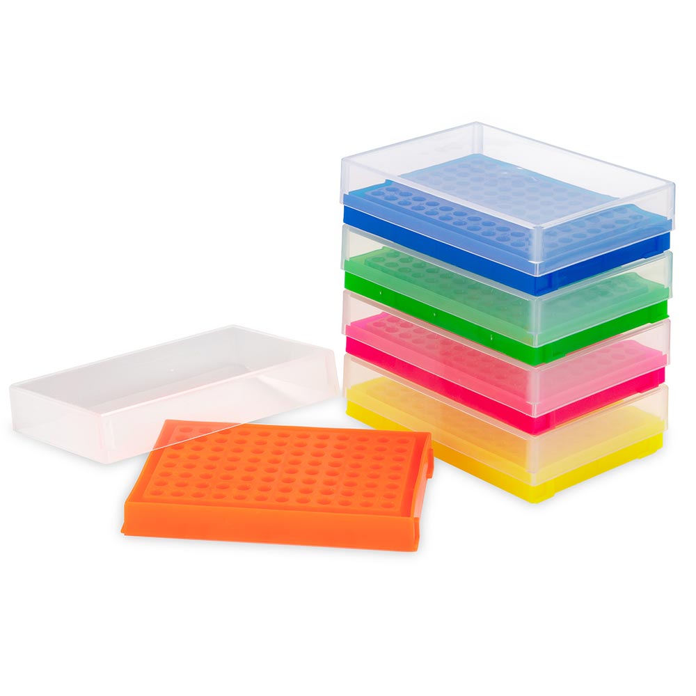 Globe Scientific PCR Work Racks, 96 well for PCR Plates and Strips, Five Fluorescent Colors (Green, Pink, Yellow, Orange, Blue) Image